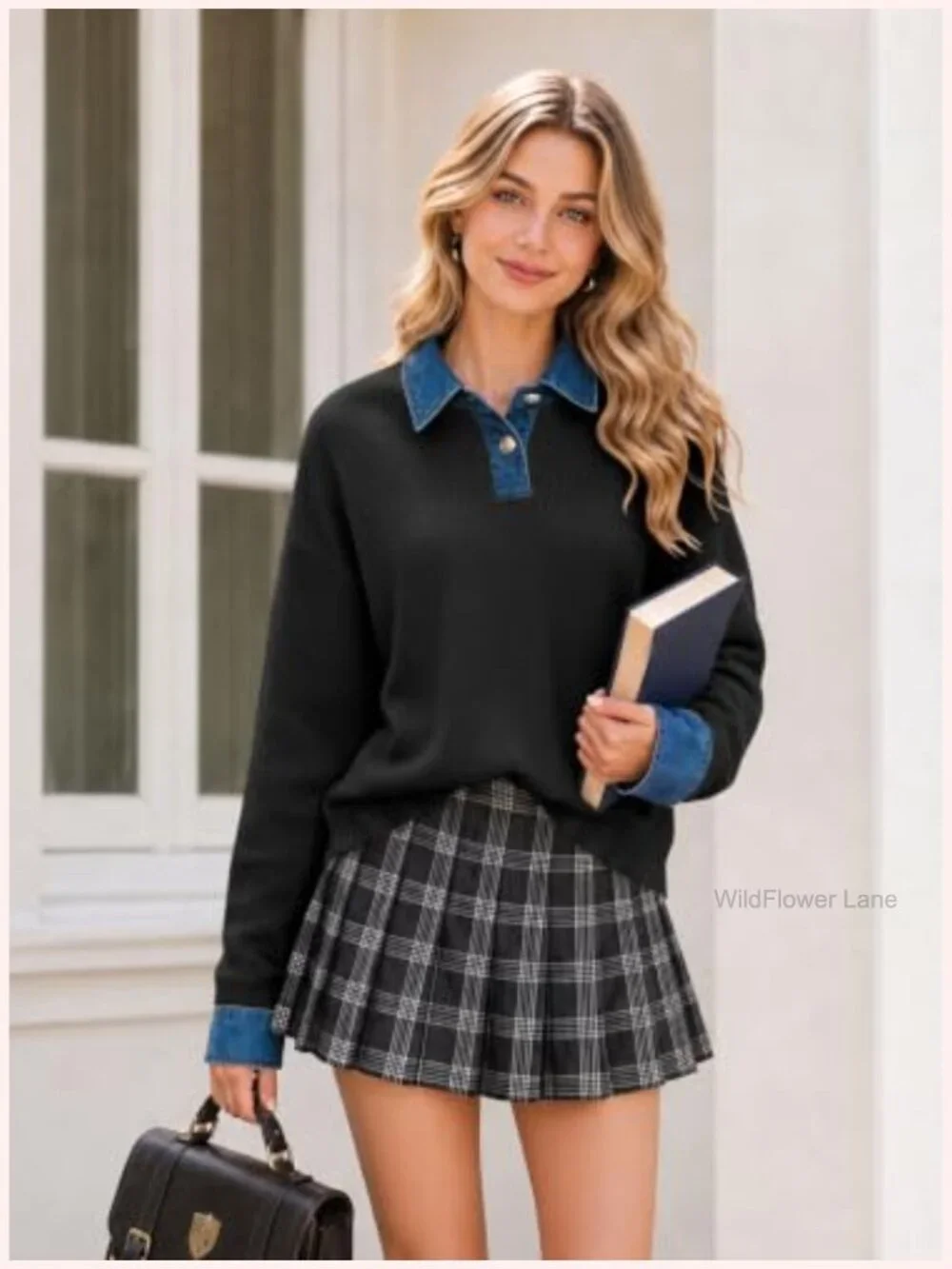 Women's Oversized Denim Polo Knit Collared Pullover Sweater